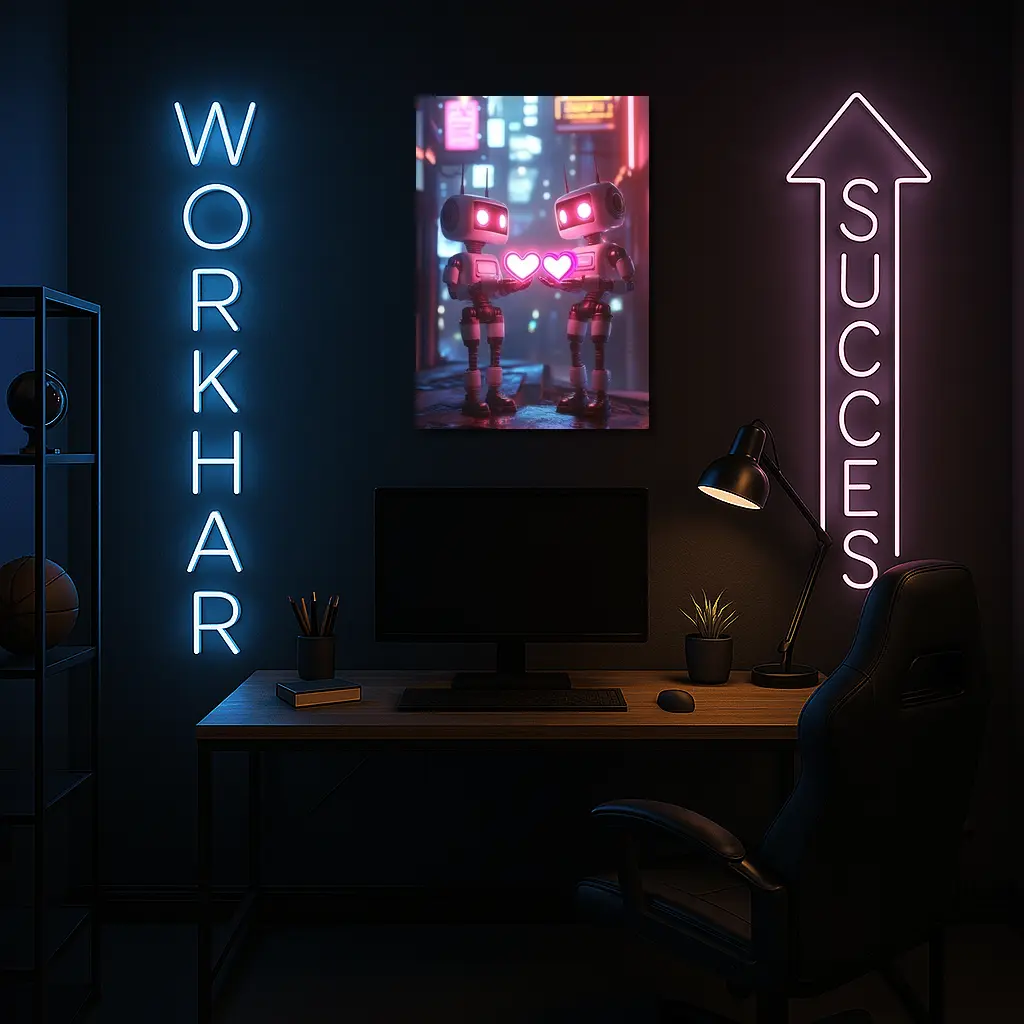Two Robots Holding Hearts Neon City – Wall Art
