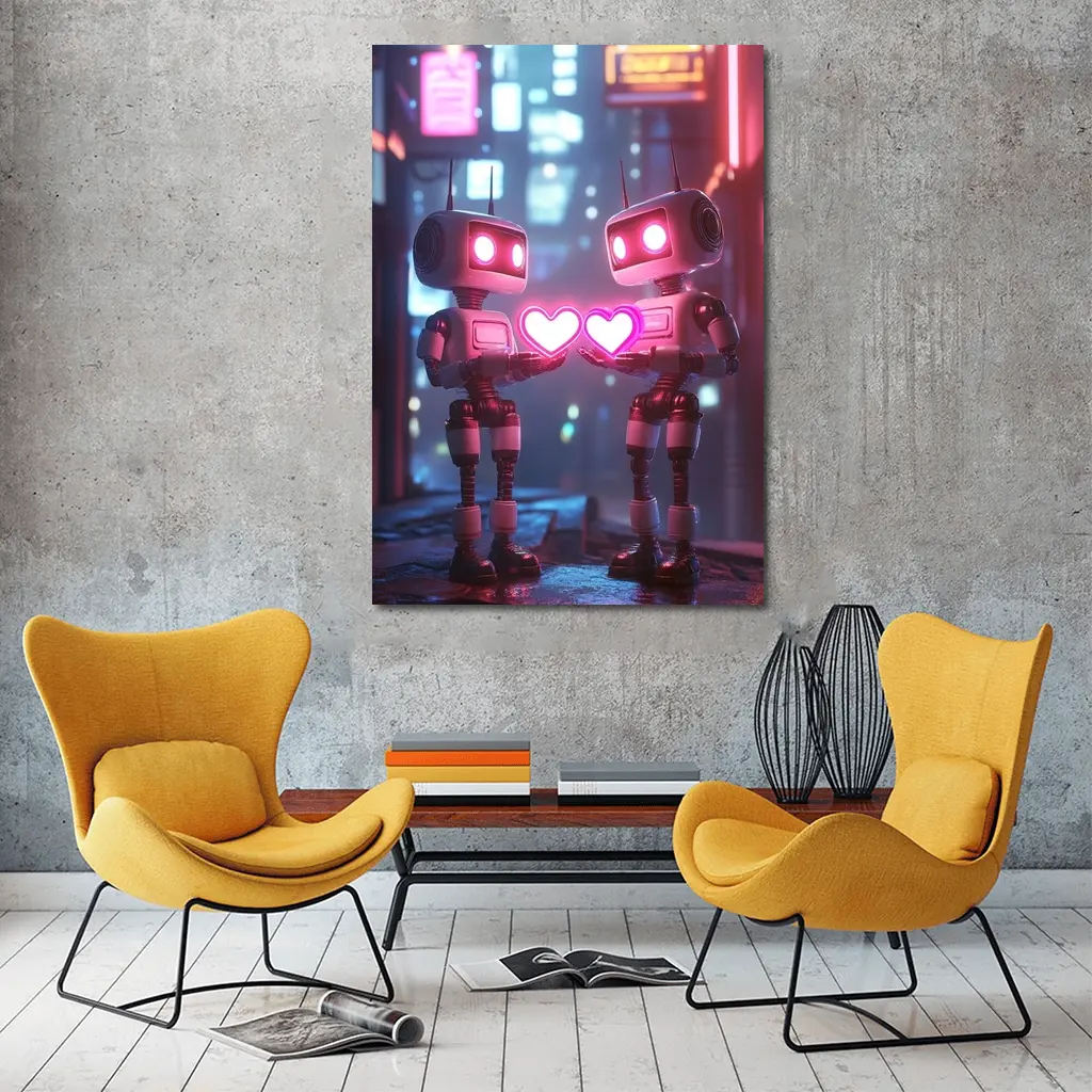 Two Robots Holding Hearts Neon City – Wall Art