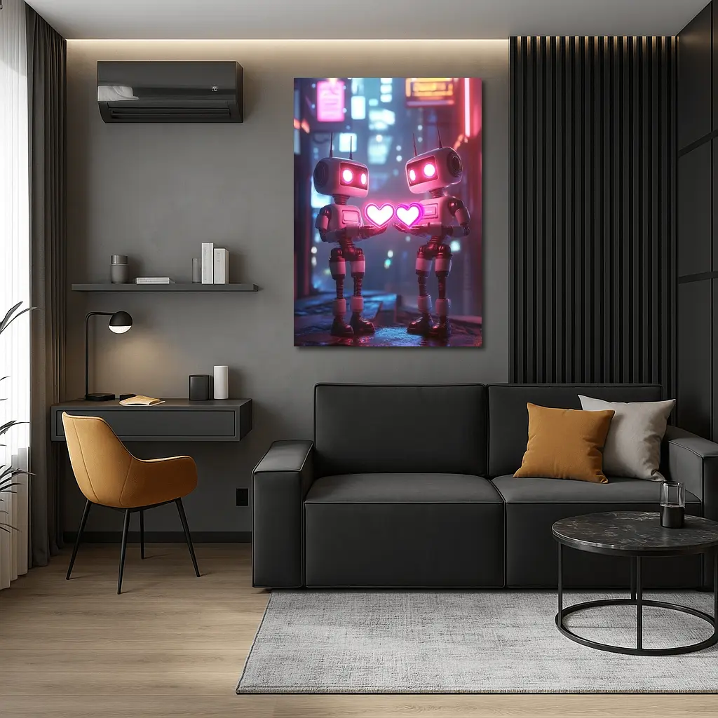 Two Robots Holding Hearts Neon City – Wall Art