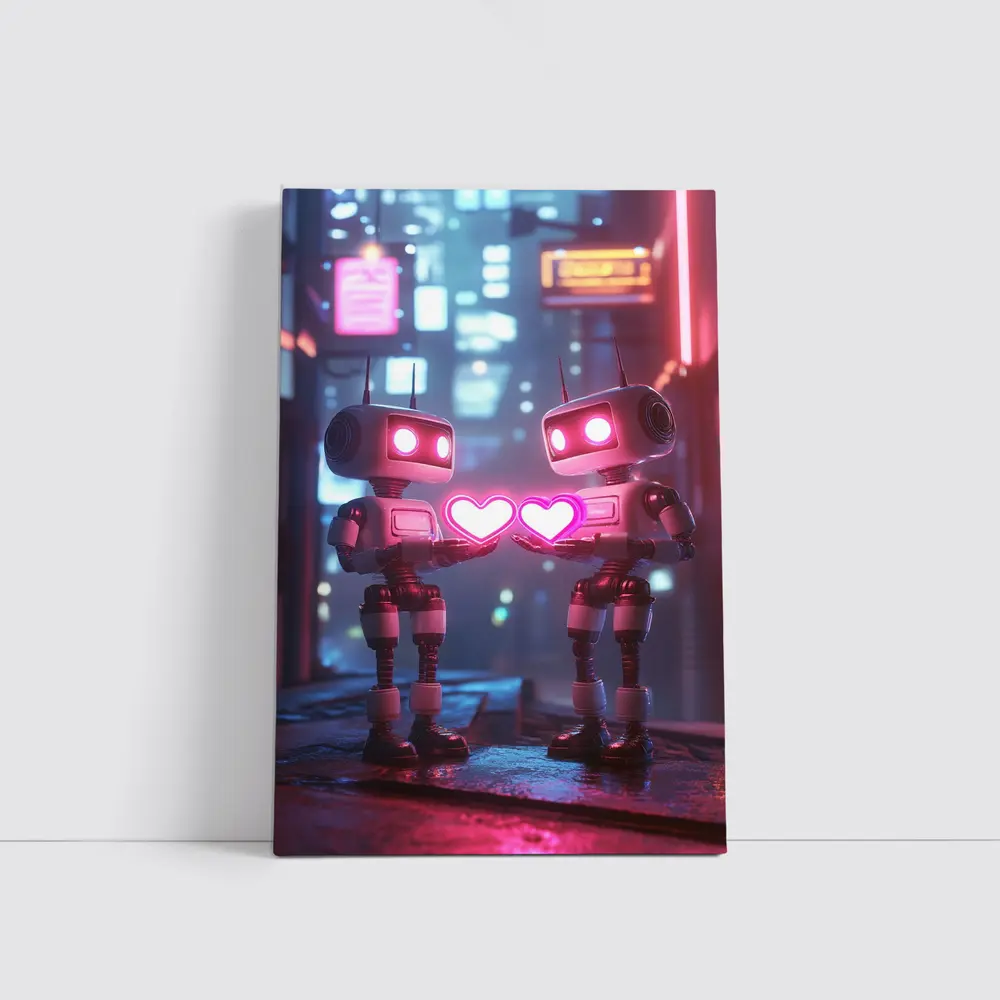 Two Robots Holding Hearts Neon City – Wall Art
