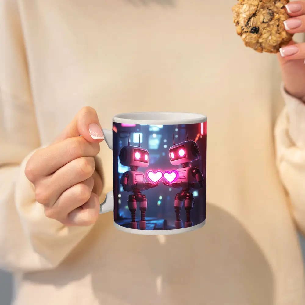 Two Robots Holding Hearts Neon City – Mugs