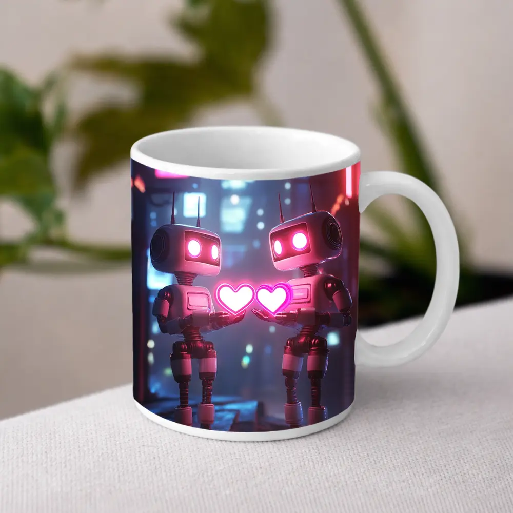 Two Robots Holding Hearts Neon City – Mugs