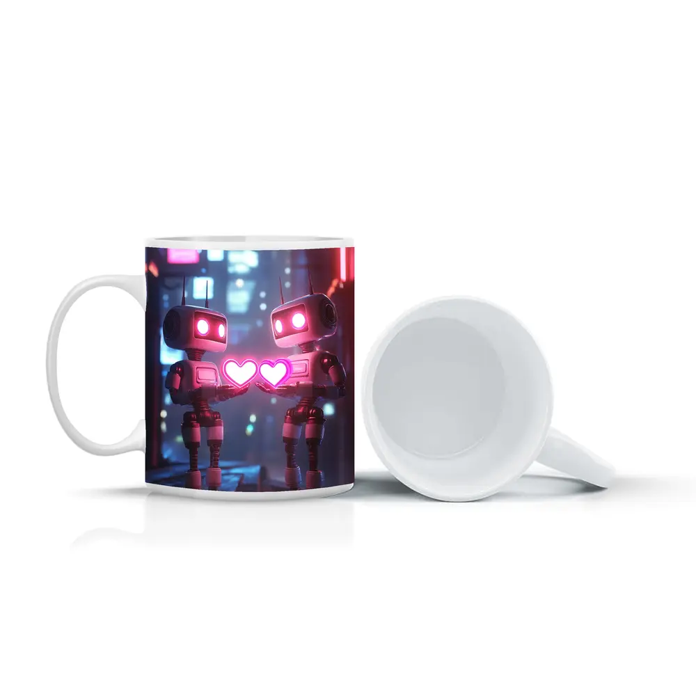Two Robots Holding Hearts Neon City – Mugs