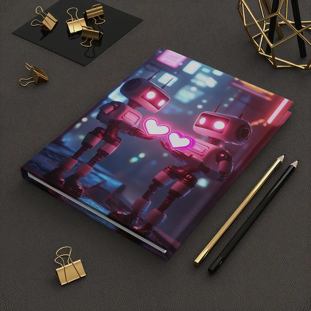 Two Robots Holding Hearts Neon City – Notebooks