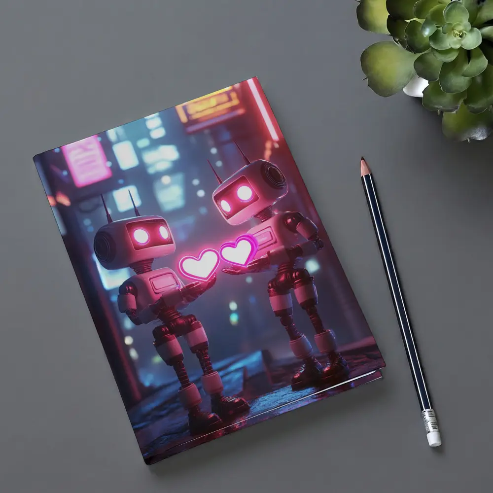 Two Robots Holding Hearts Neon City – Notebooks