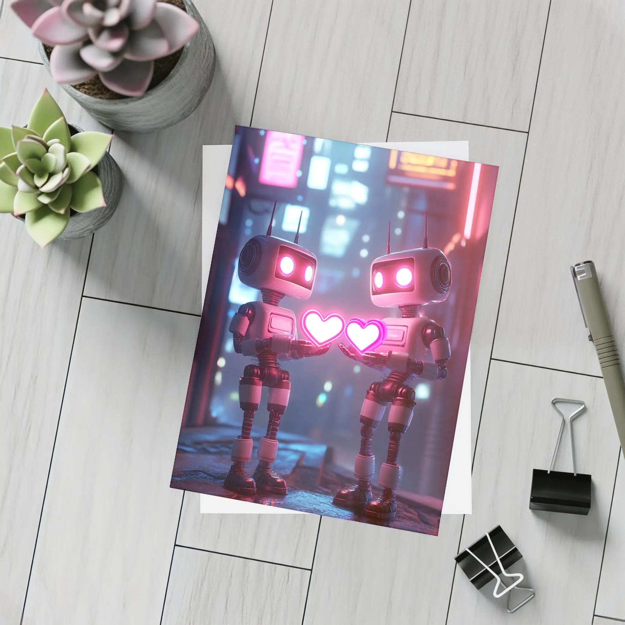 Two Robots Holding Hearts Neon City – Postcards