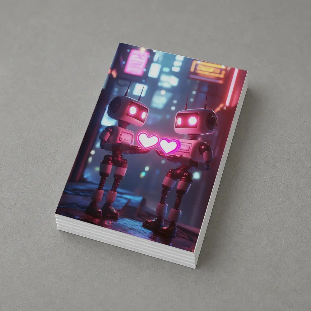 Two Robots Holding Hearts Neon City – Postcards