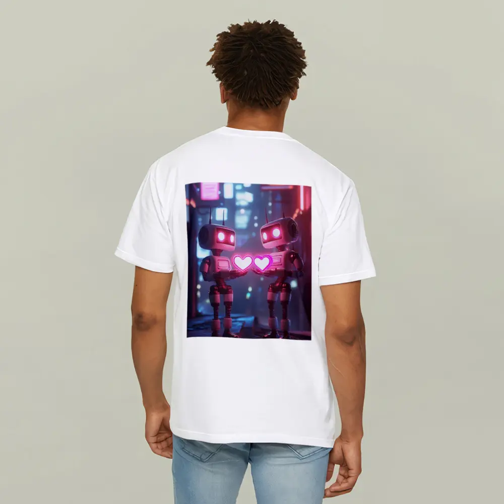 Two Robots Holding Hearts Neon City – T-Shirts