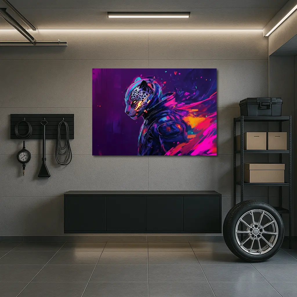 Cyberpunk Leopard Warrior Purple Neon Background – Wall Art