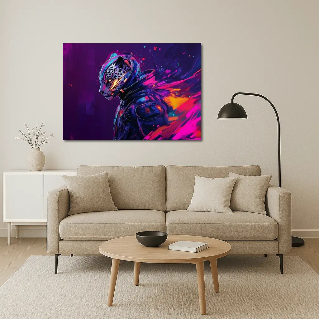 Cyberpunk Leopard Warrior Purple Neon Background – Wall Art