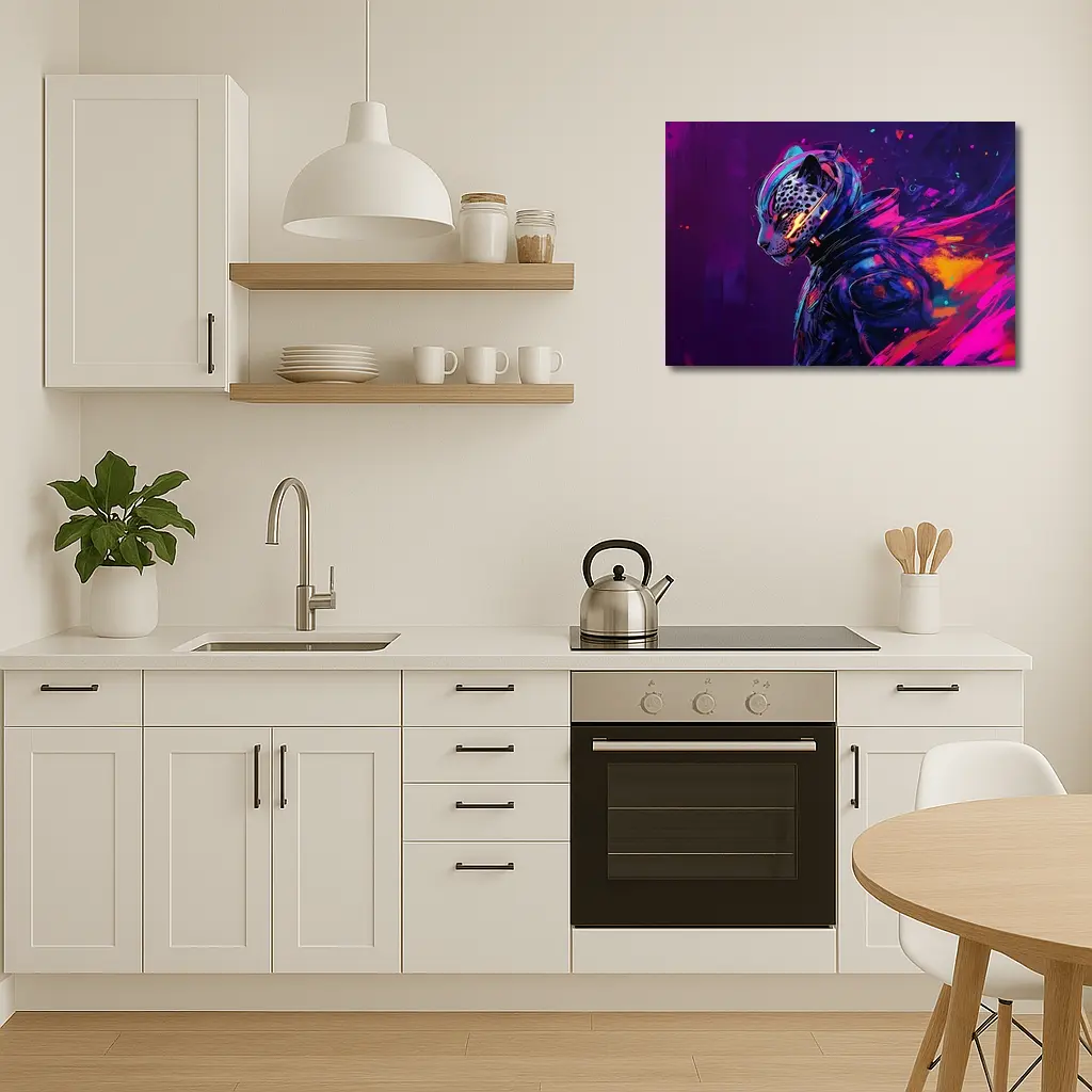 Cyberpunk Leopard Warrior Purple Neon Background – Wall Art