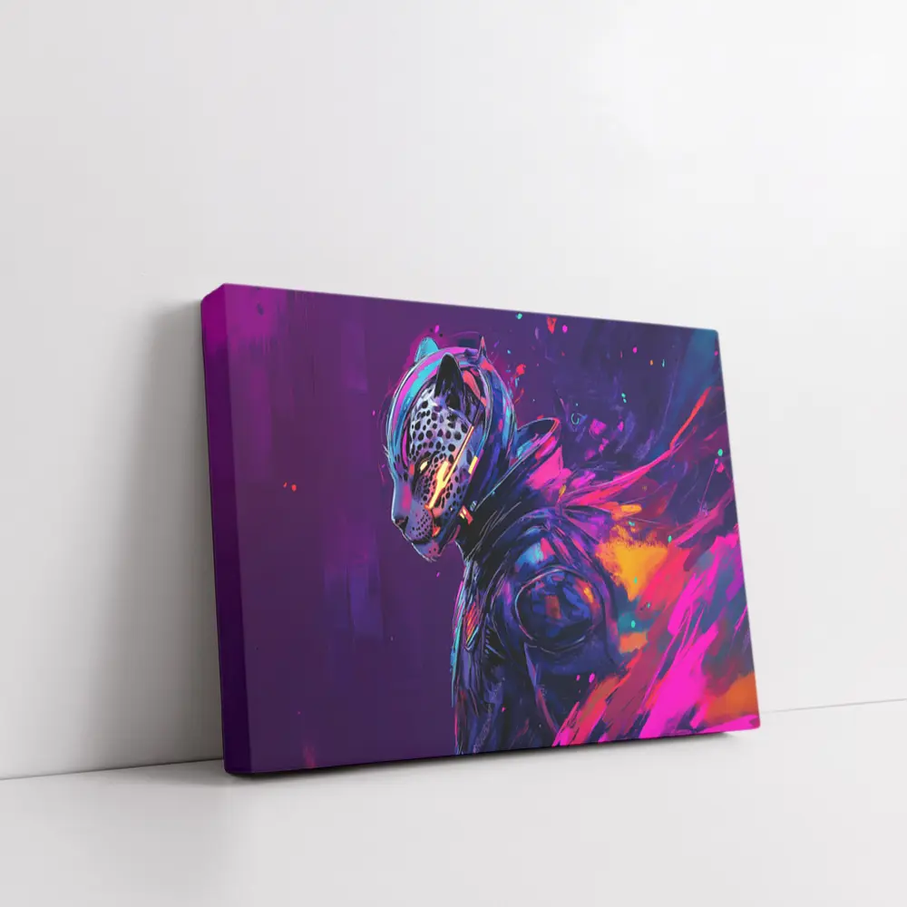 Cyberpunk Leopard Warrior Purple Neon Background – Wall Art