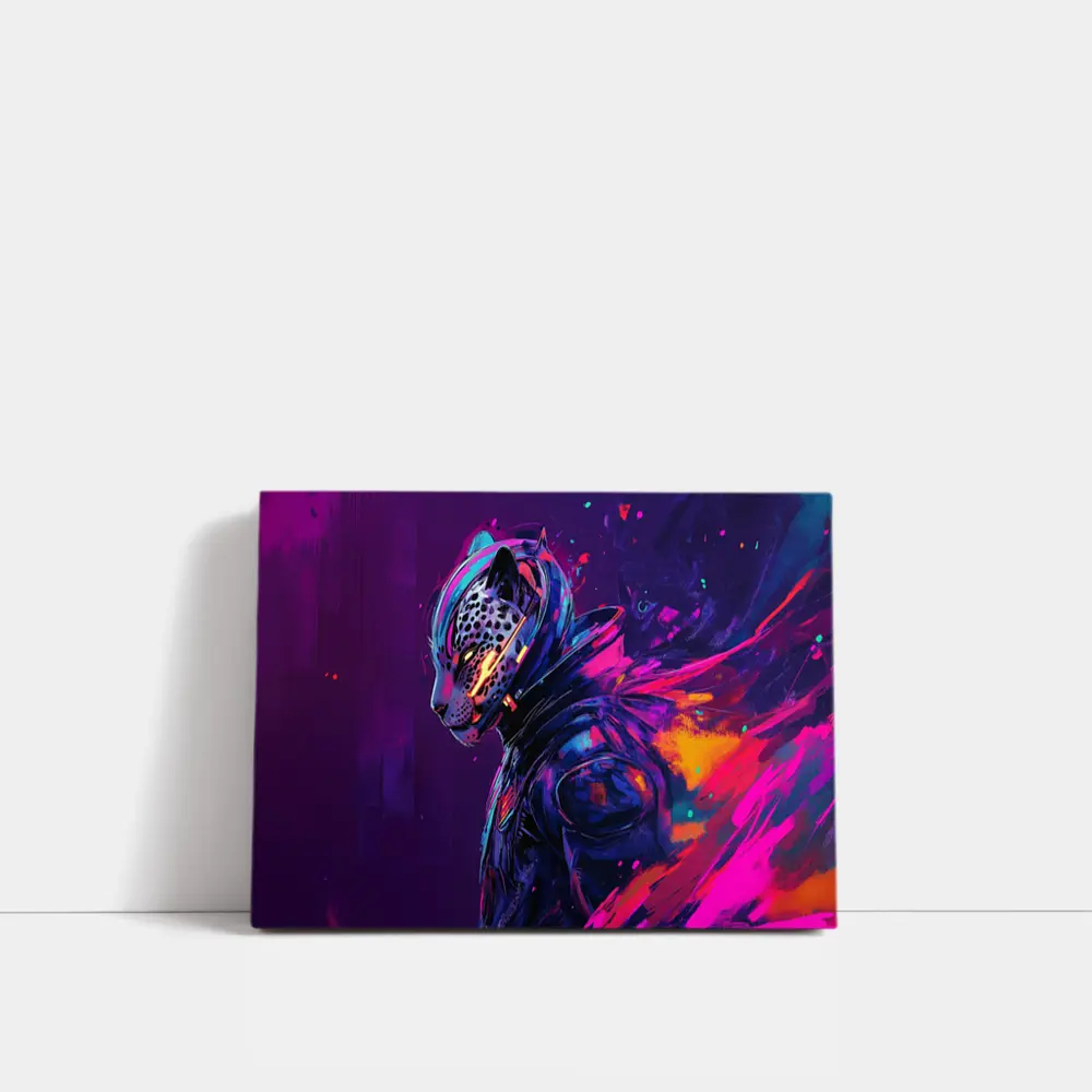 Cyberpunk Leopard Warrior Purple Neon Background – Wall Art