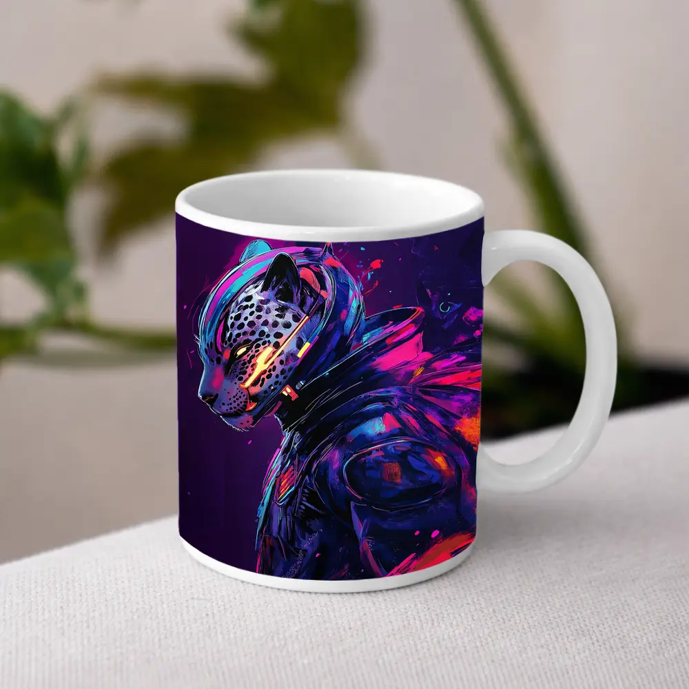 Cyberpunk Leopard Warrior Purple Neon Background – Mugs