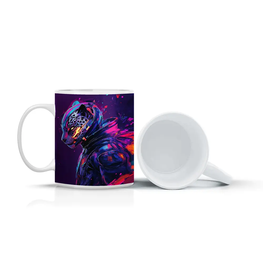 Cyberpunk Leopard Warrior Purple Neon Background – Mugs