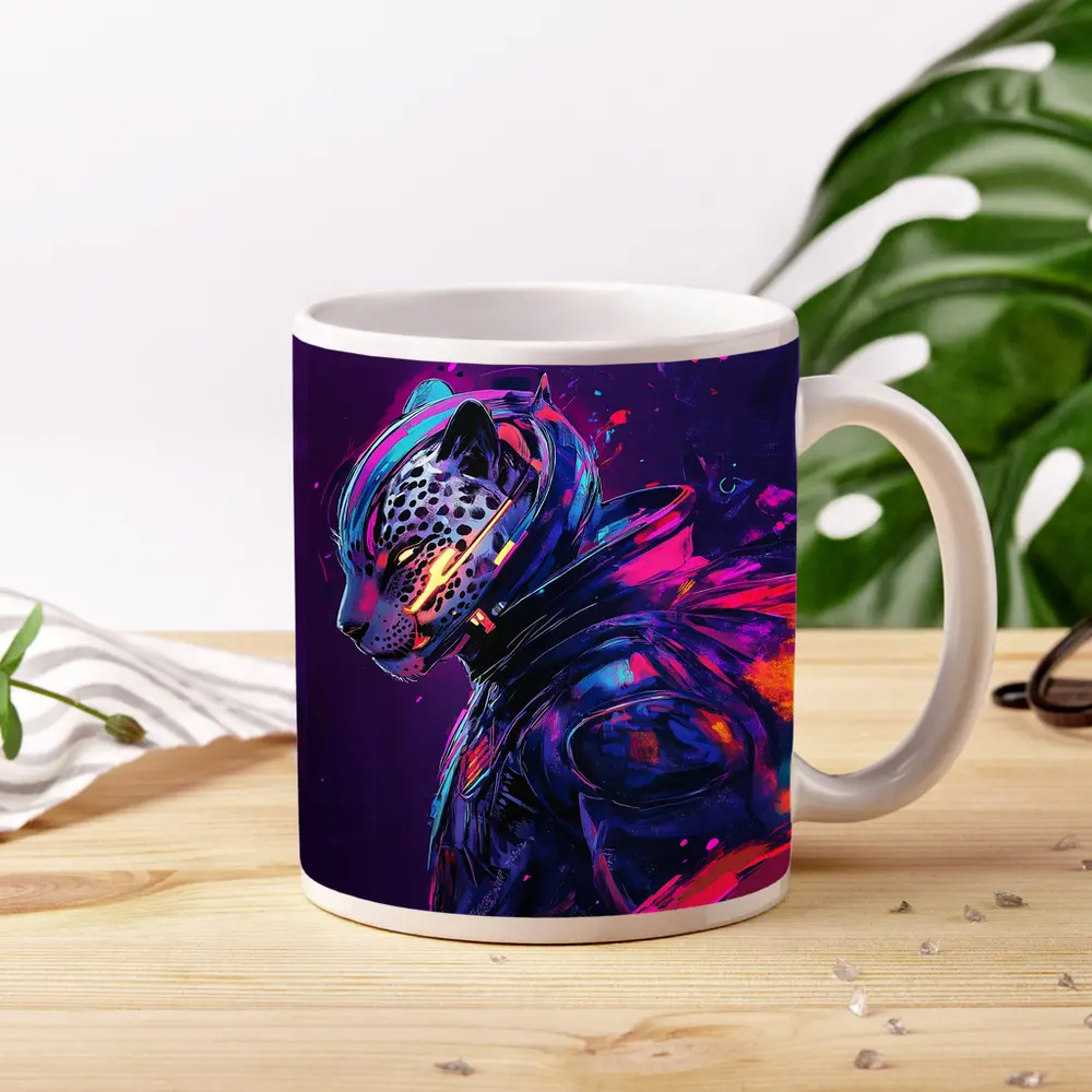 Cyberpunk Leopard Warrior Purple Neon Background – Mugs