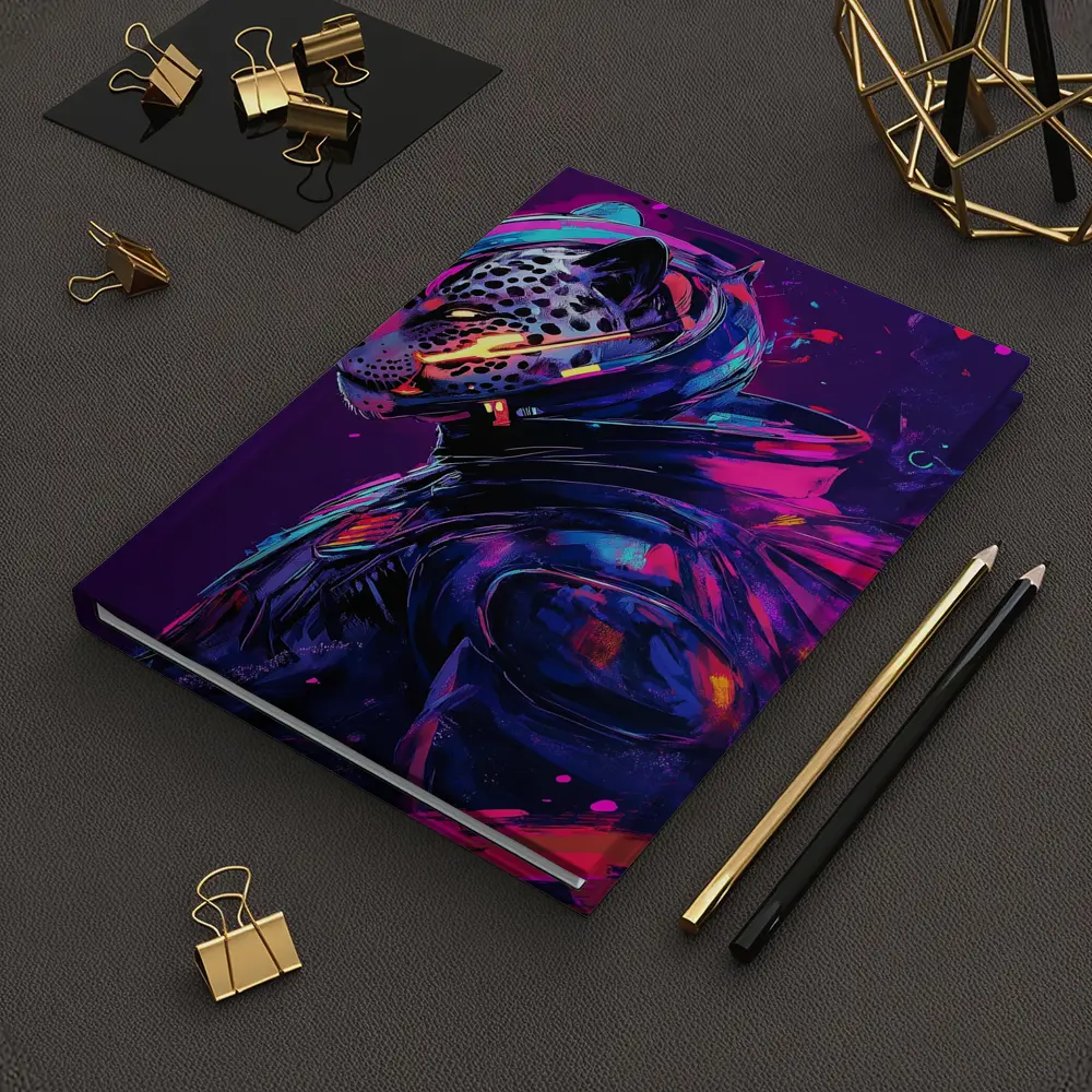 Cyberpunk Leopard Warrior Purple Neon Background – Notebooks