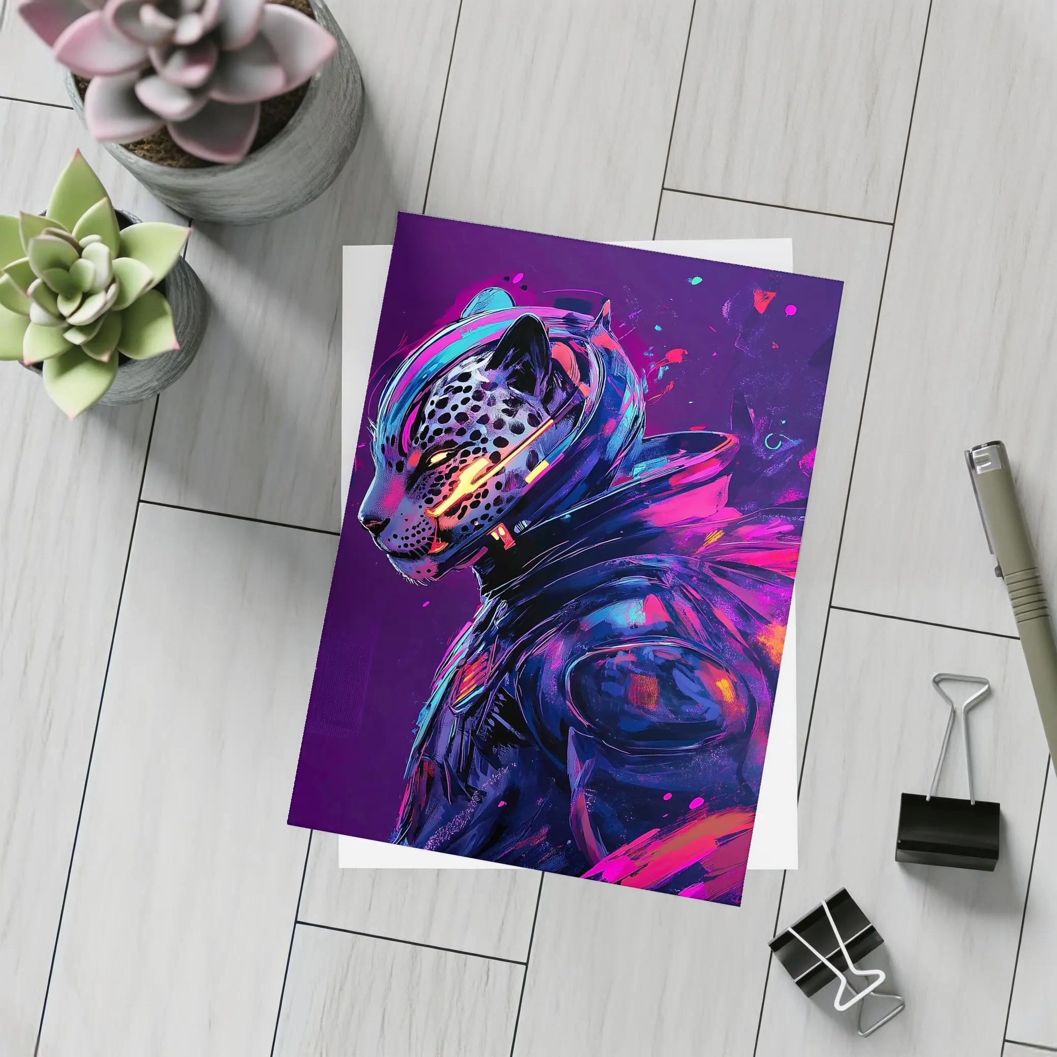 Cyberpunk Leopard Warrior Purple Neon Background – Postcards