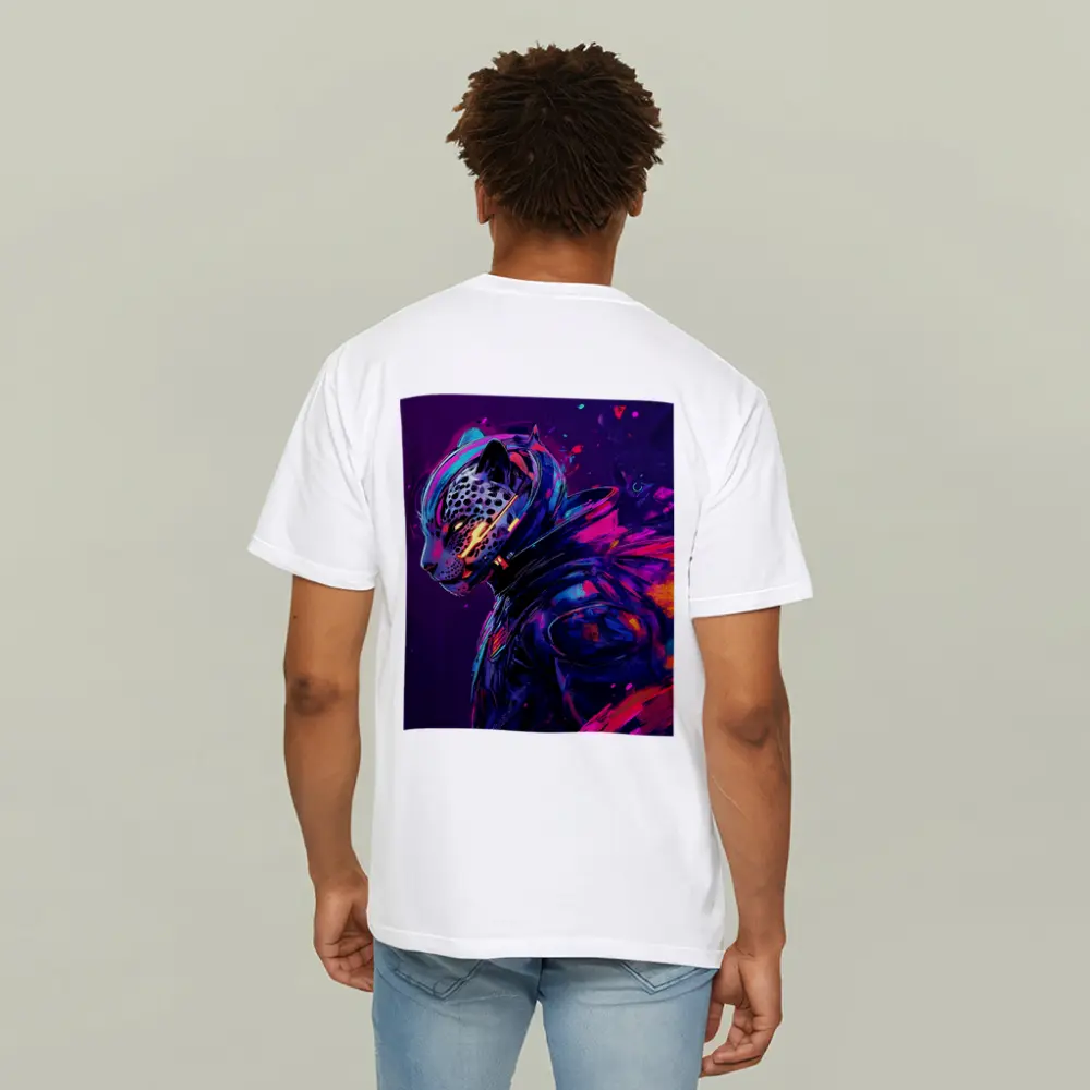 Cyberpunk Leopard Warrior Purple Neon Background – T-Shirts