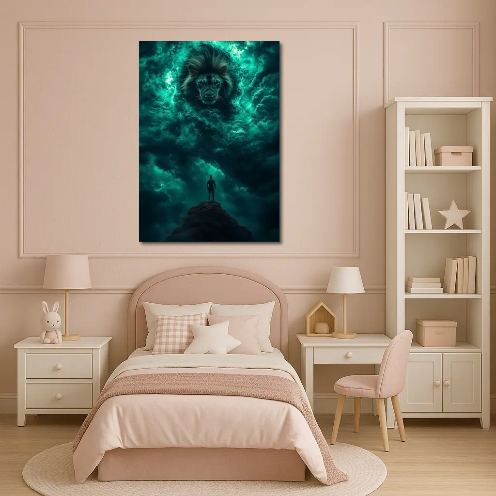 Lion Spirit Emerges From Teal Storm Clouds – Wall Art