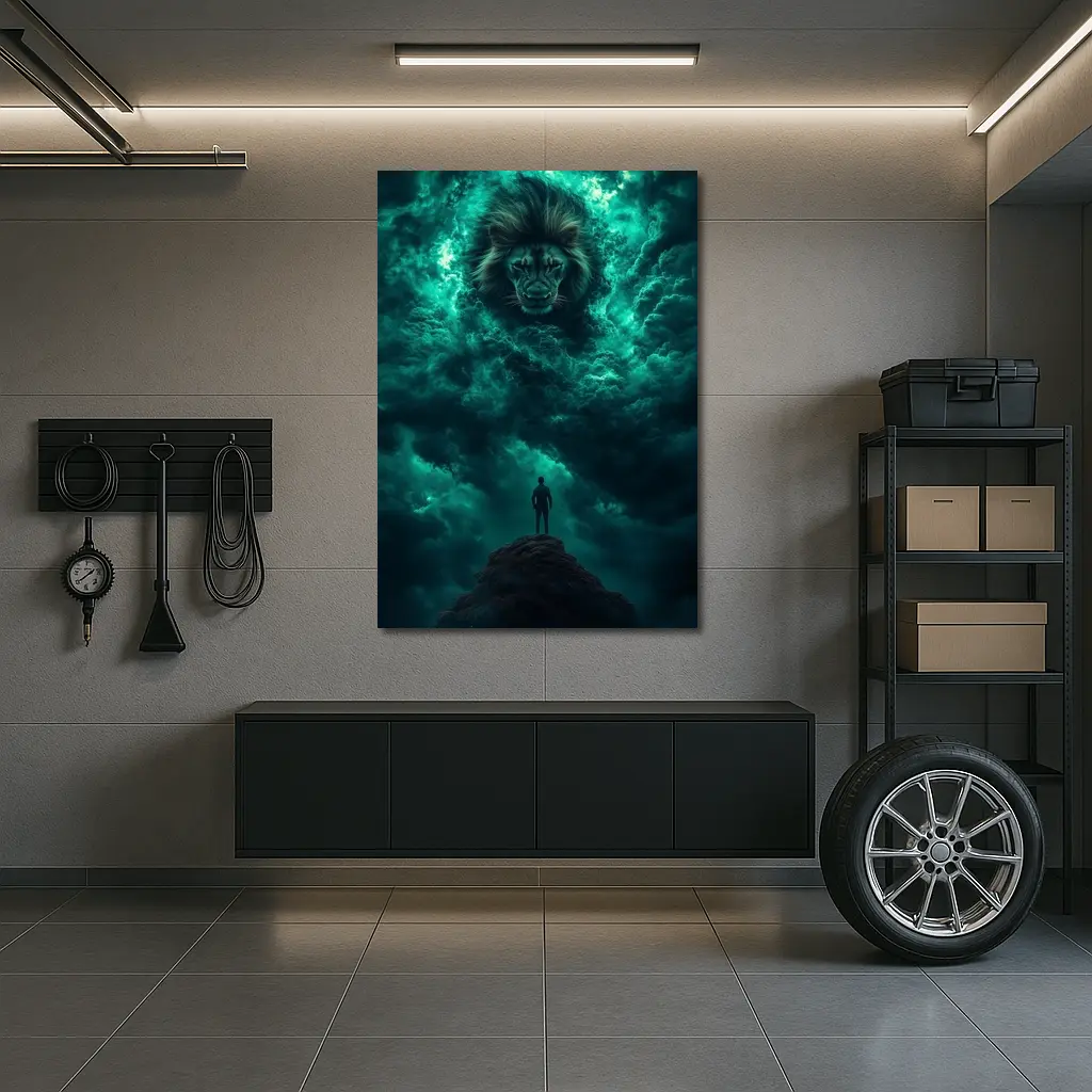 Lion Spirit Emerges From Teal Storm Clouds – Wall Art