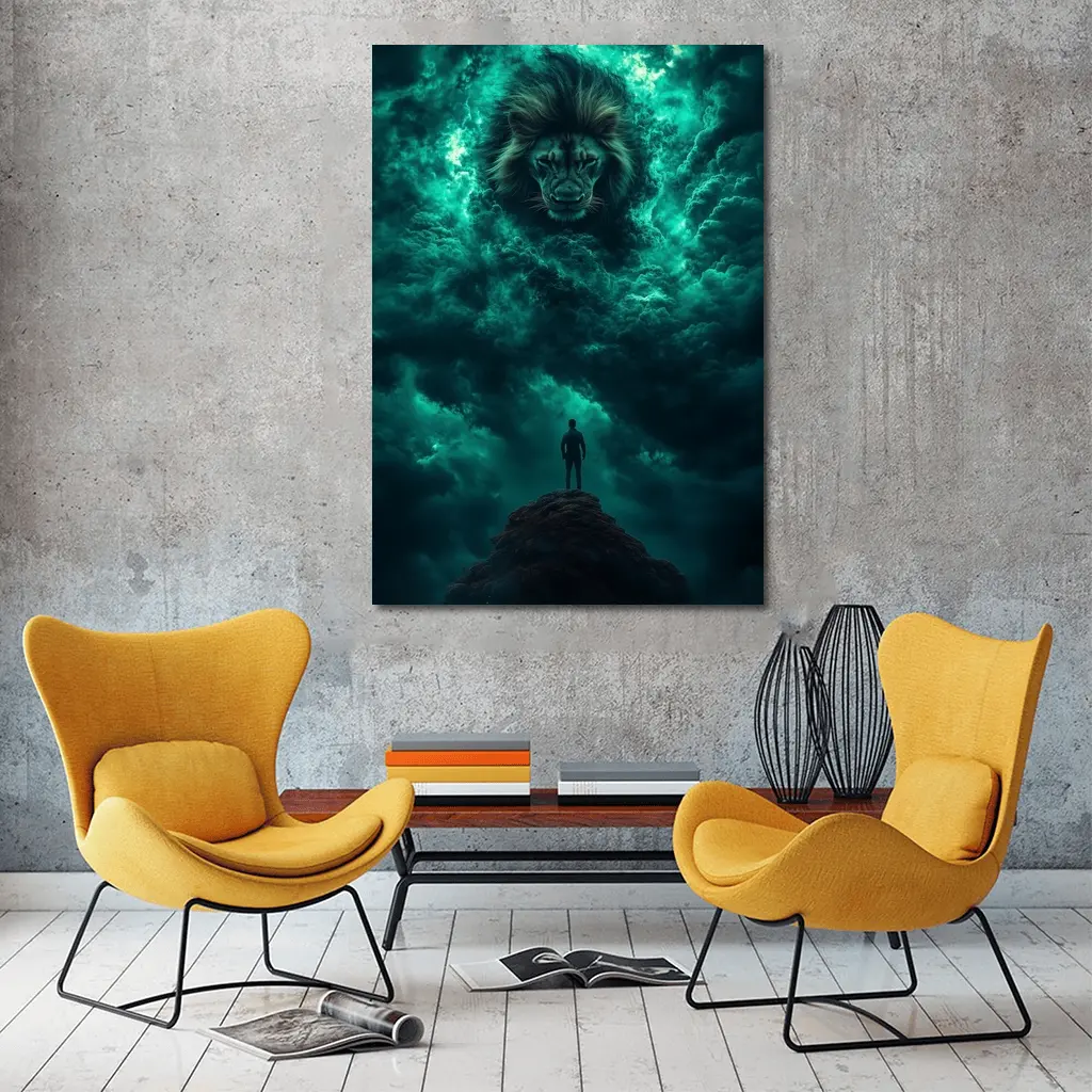 Lion Spirit Emerges From Teal Storm Clouds – Wall Art