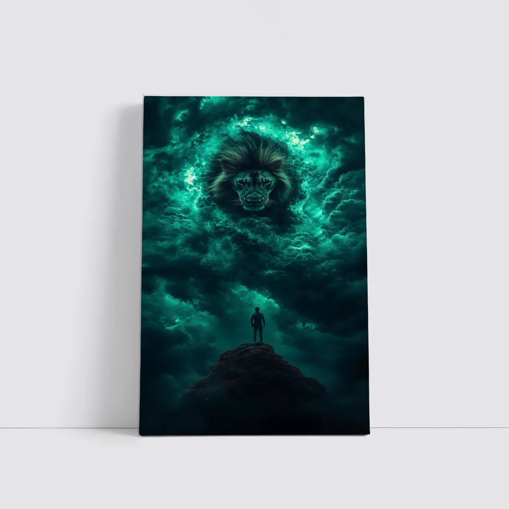 Lion Spirit Emerges From Teal Storm Clouds – Wall Art
