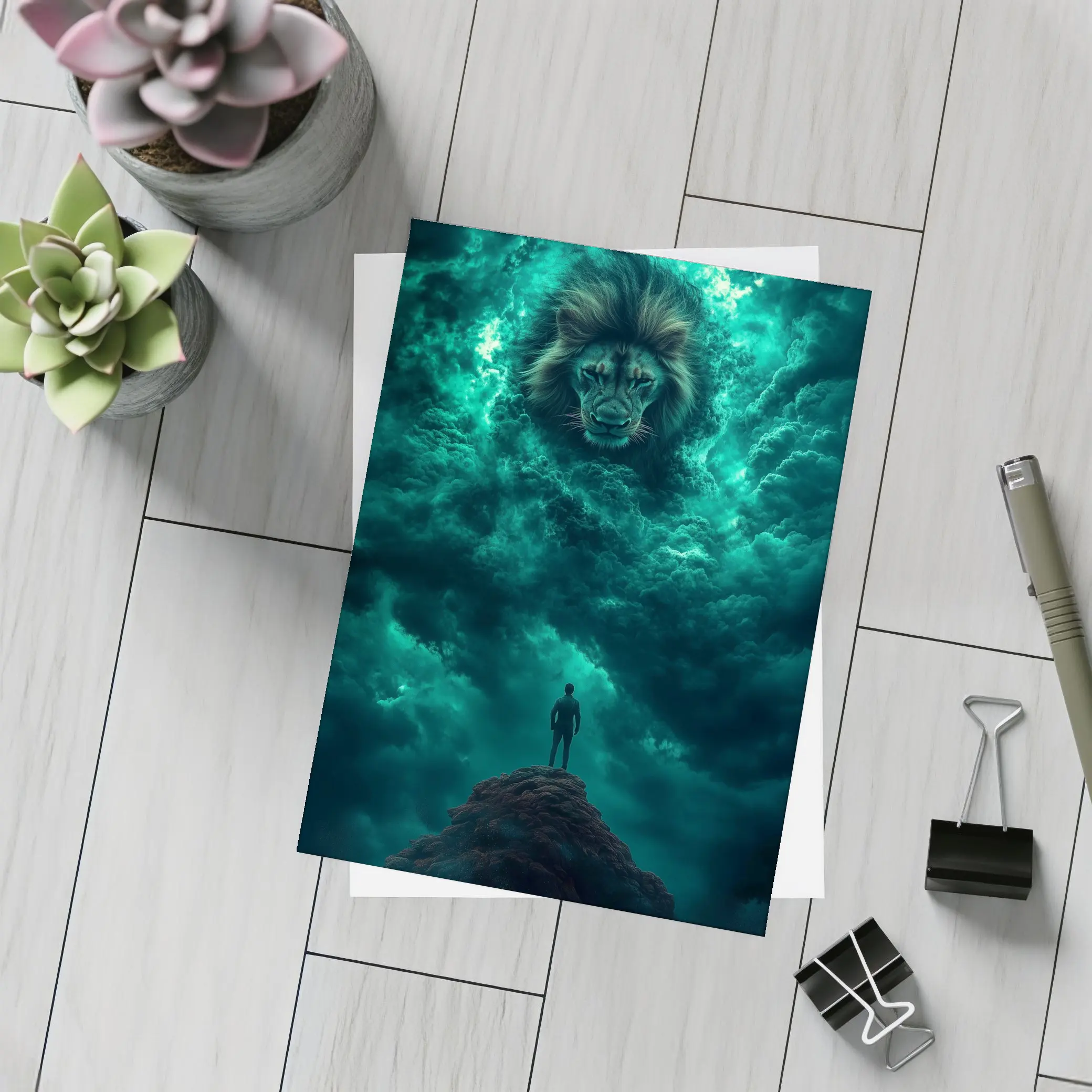Lion Spirit Emerges From Teal Storm Clouds – Postcards