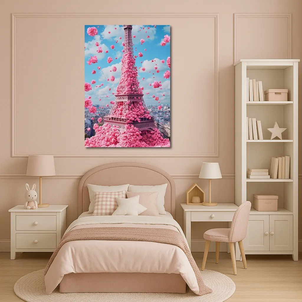 Pink Roses Covering Eiffel Tower Paris Sky – Wall Art