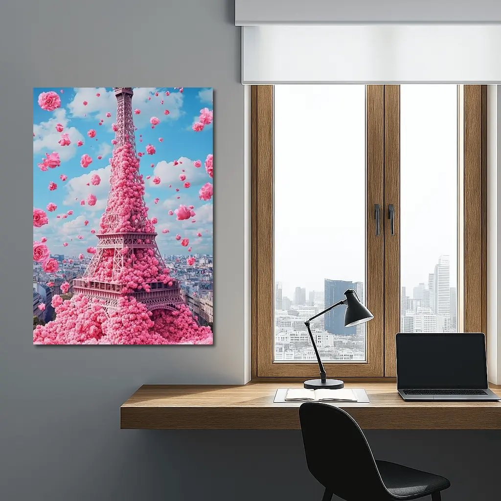 Pink Roses Covering Eiffel Tower Paris Sky – Wall Art