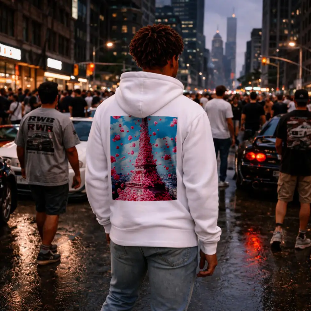 Pink Roses Covering Eiffel Tower Paris Sky – Hoodies