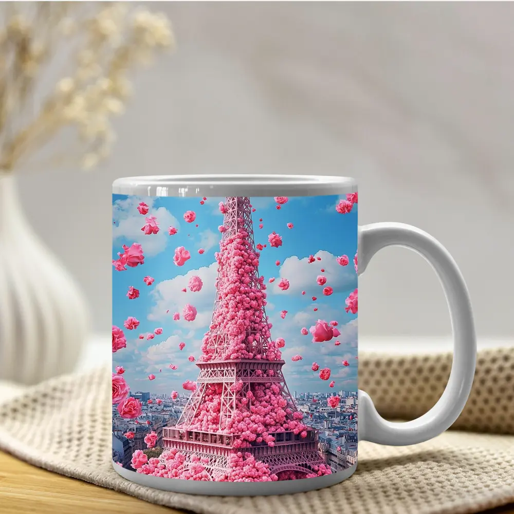 Pink Roses Covering Eiffel Tower Paris Sky – Mugs