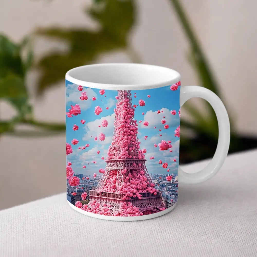 Pink Roses Covering Eiffel Tower Paris Sky – Mugs