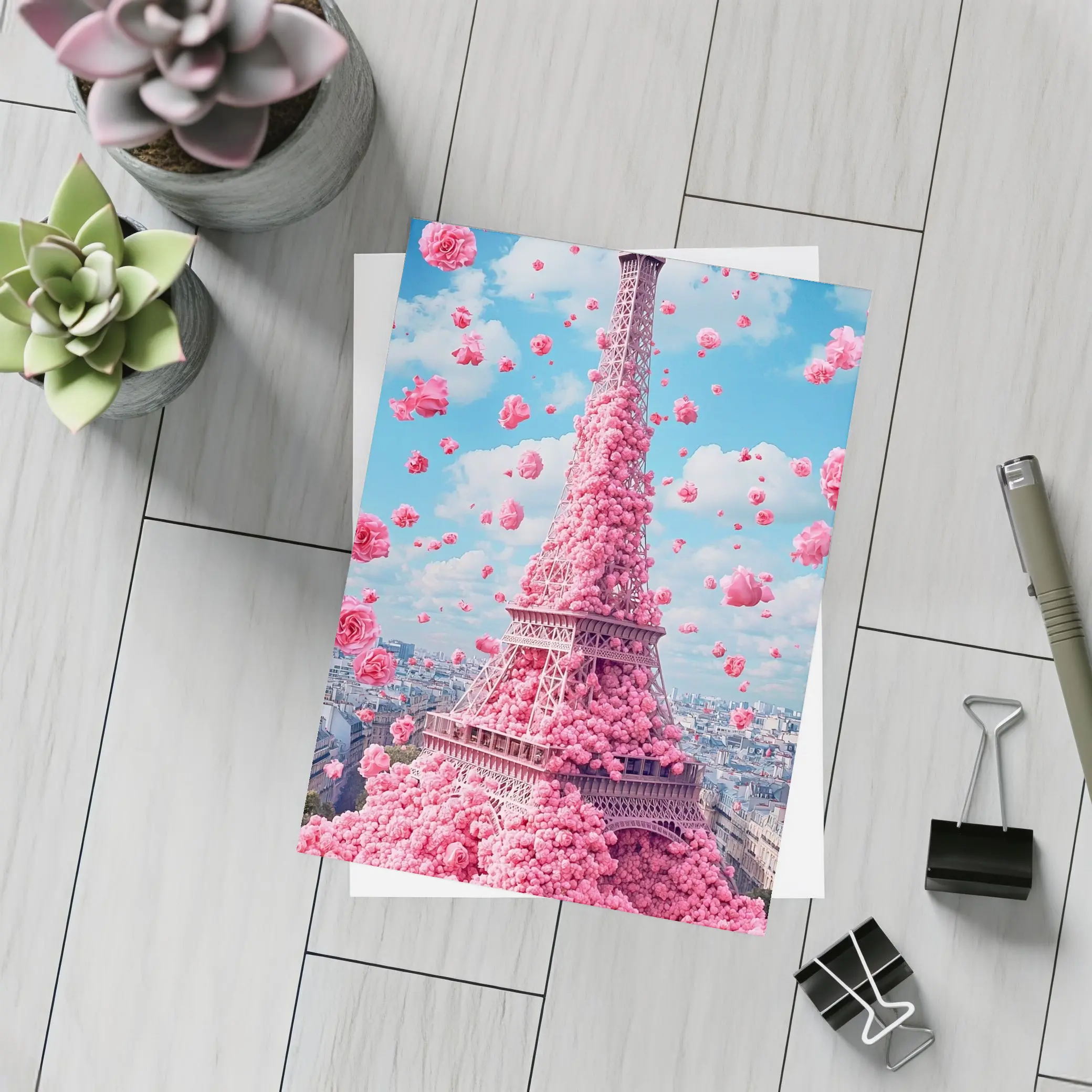 Pink Roses Covering Eiffel Tower Paris Sky – Postcards