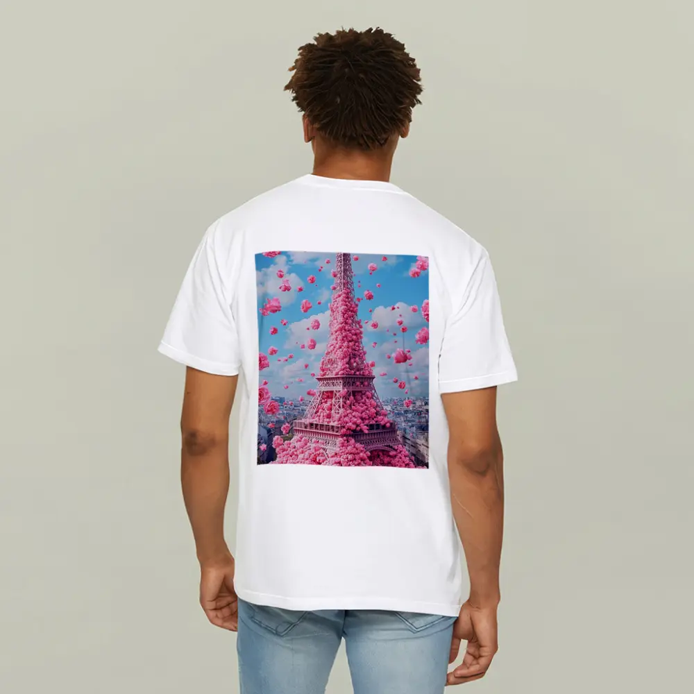 Pink Roses Covering Eiffel Tower Paris Sky – T-Shirts
