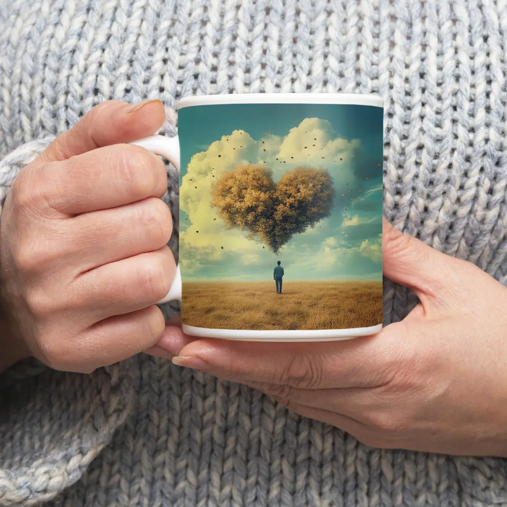 Man Standing Before Giant Heart Cloud Sky – Mugs