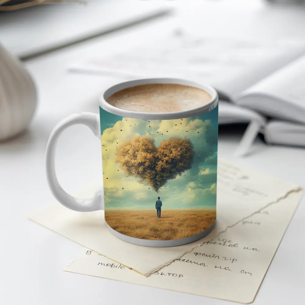 Man Standing Before Giant Heart Cloud Sky – Mugs