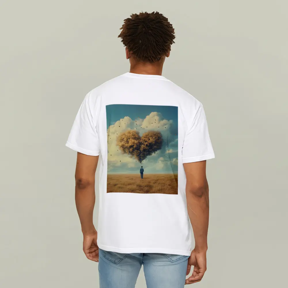 Man Standing Before Giant Heart Cloud Sky – T-Shirts