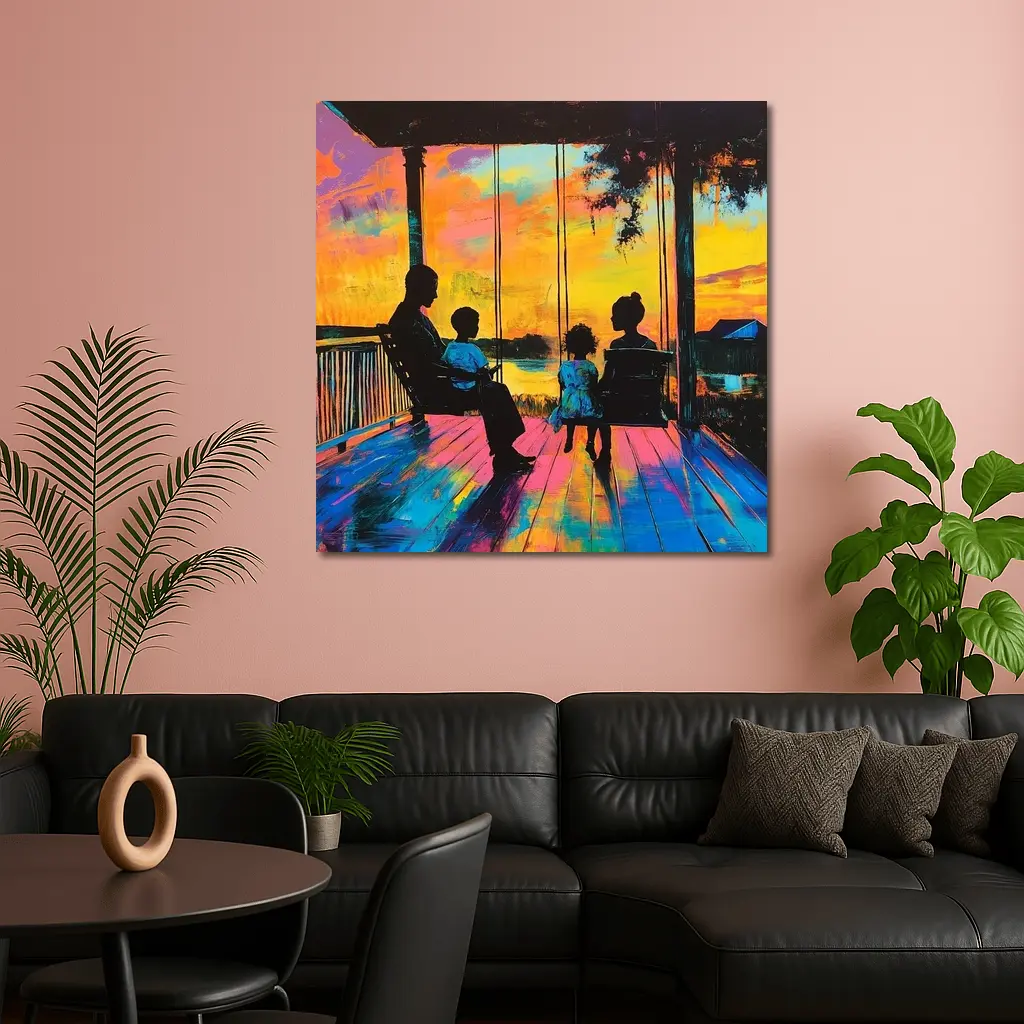 Family Porch Swing Colorful Sunset Painting – Wall Art