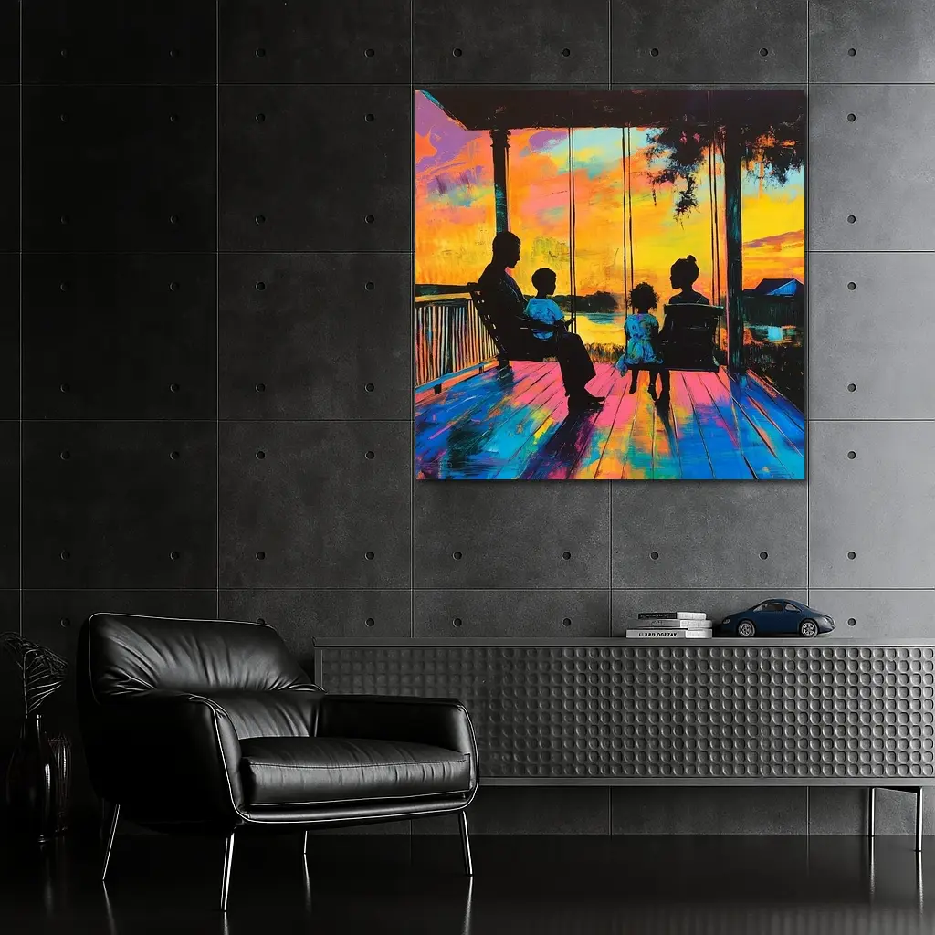 Family Porch Swing Colorful Sunset Painting – Wall Art