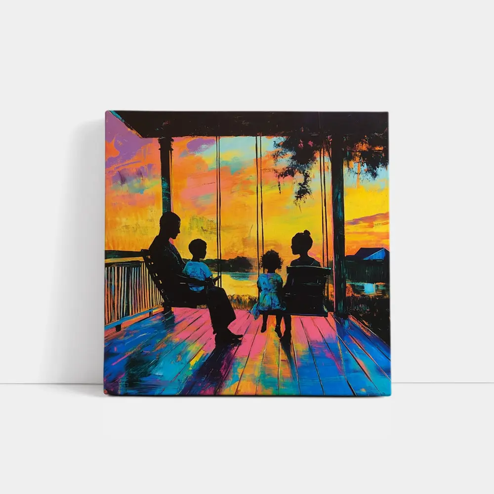Family Porch Swing Colorful Sunset Painting – Wall Art