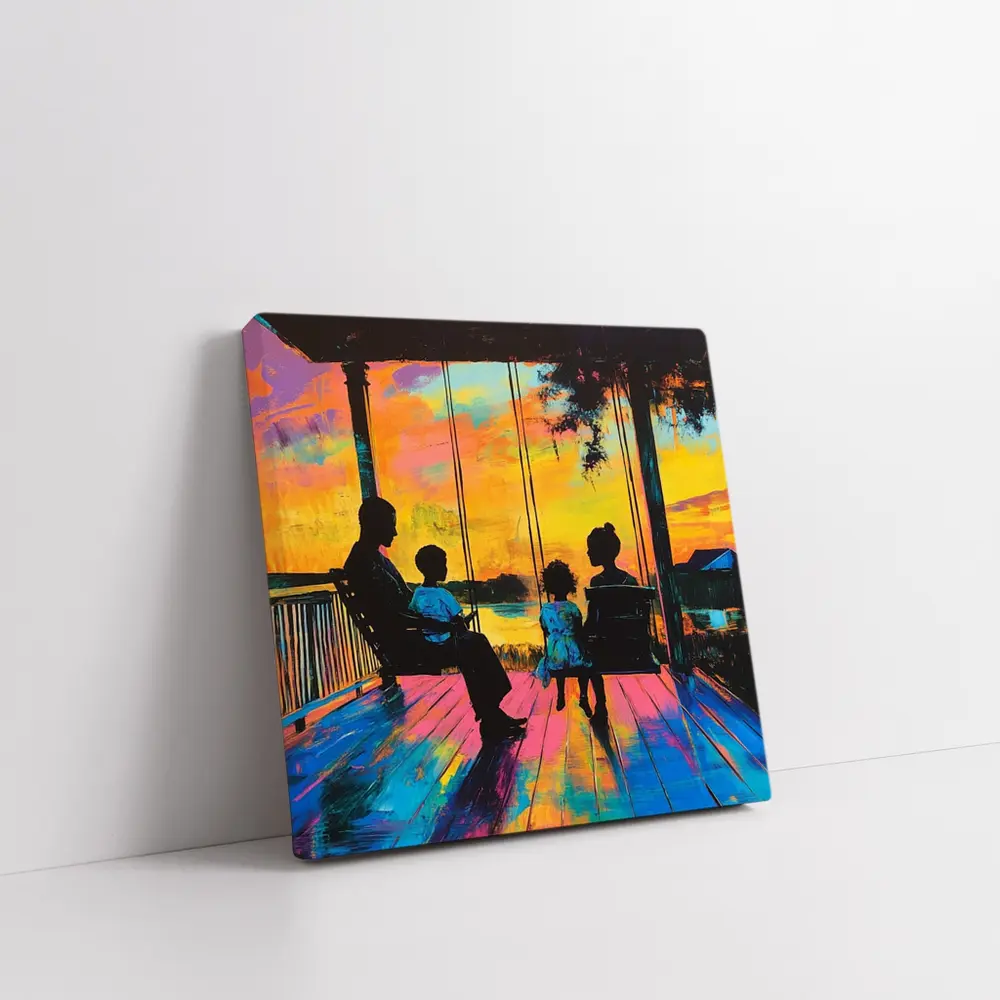 Family Porch Swing Colorful Sunset Painting – Wall Art