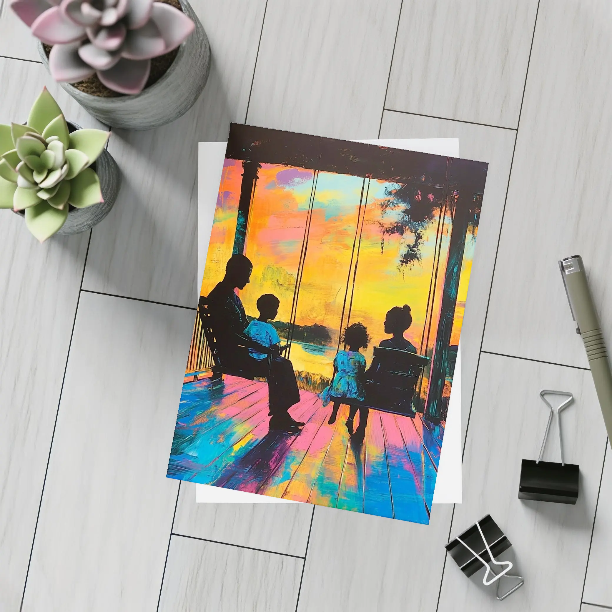 Family Porch Swing Colorful Sunset Painting – Postcards