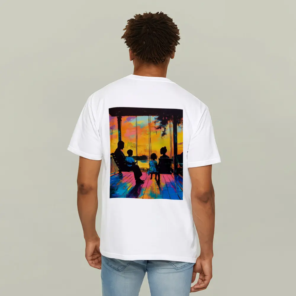 Family Porch Swing Colorful Sunset Painting – T-Shirts