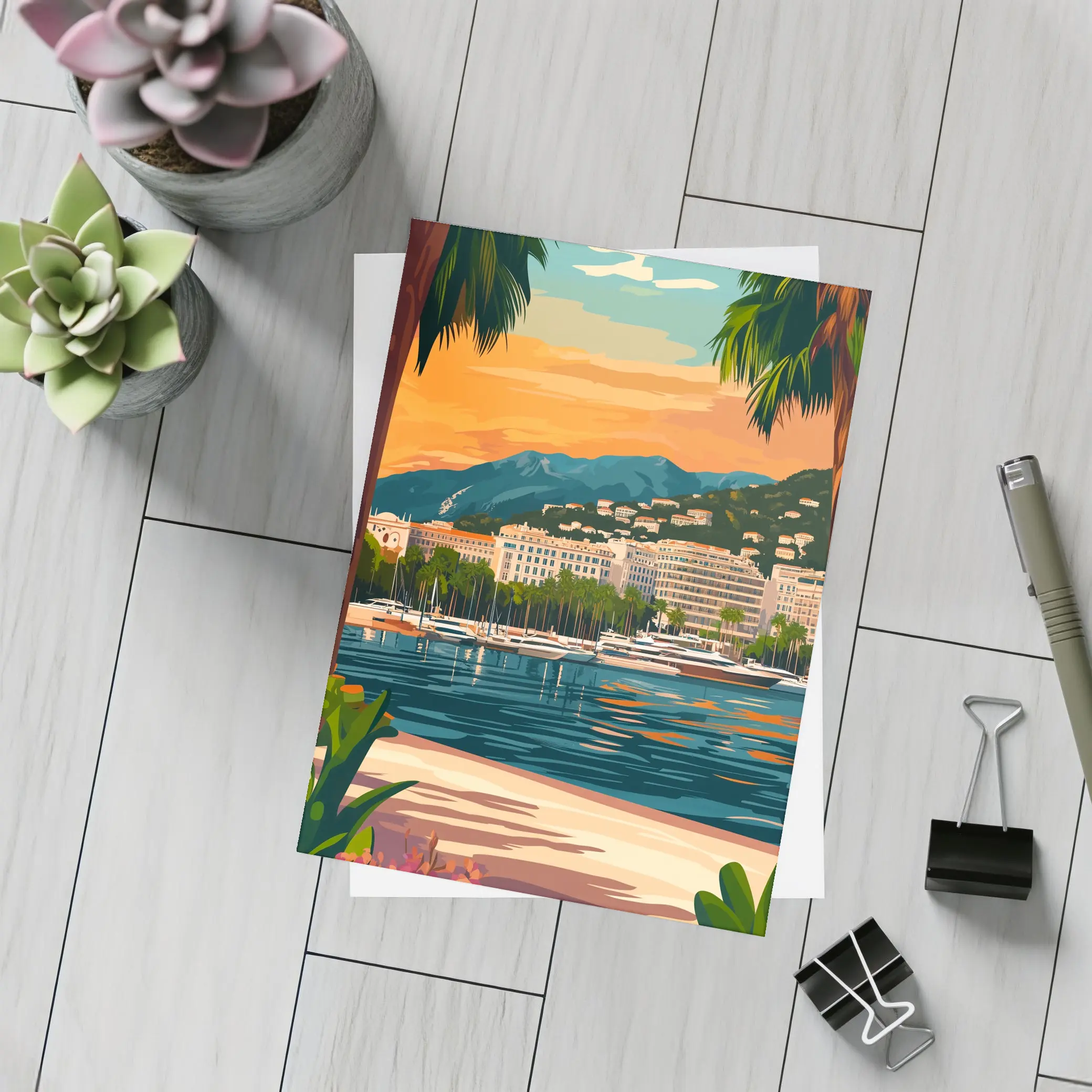 Cannes France Waterfront Sunset Travel Art – Postcards
