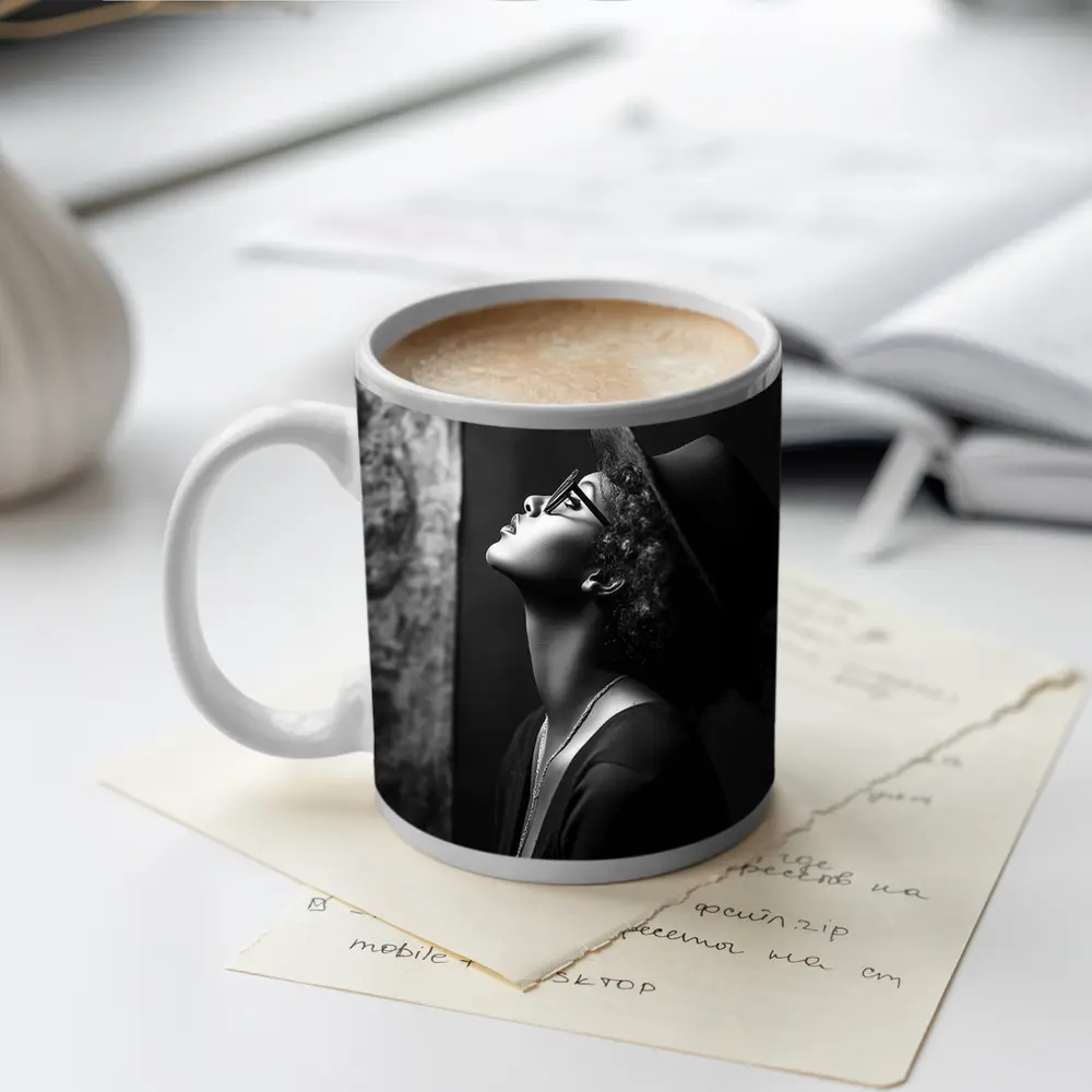 Black and White Woman Portrait Dark Background – Mugs