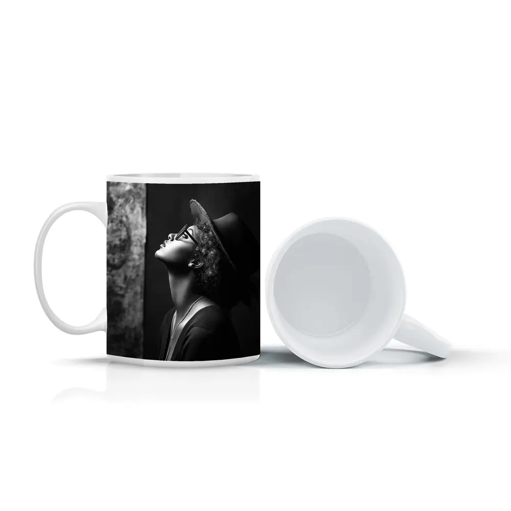 Black and White Woman Portrait Dark Background – Mugs