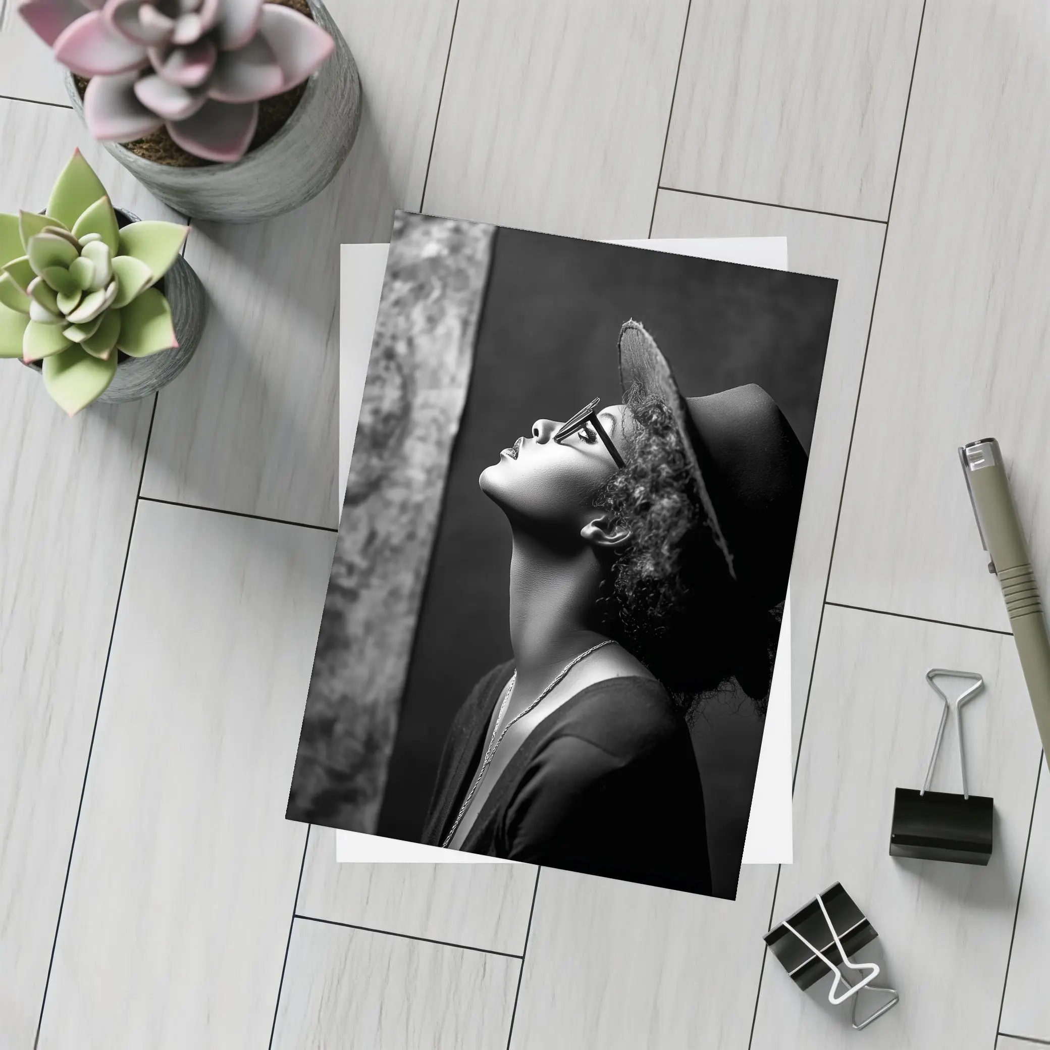 Black and White Woman Portrait Dark Background – Postcards