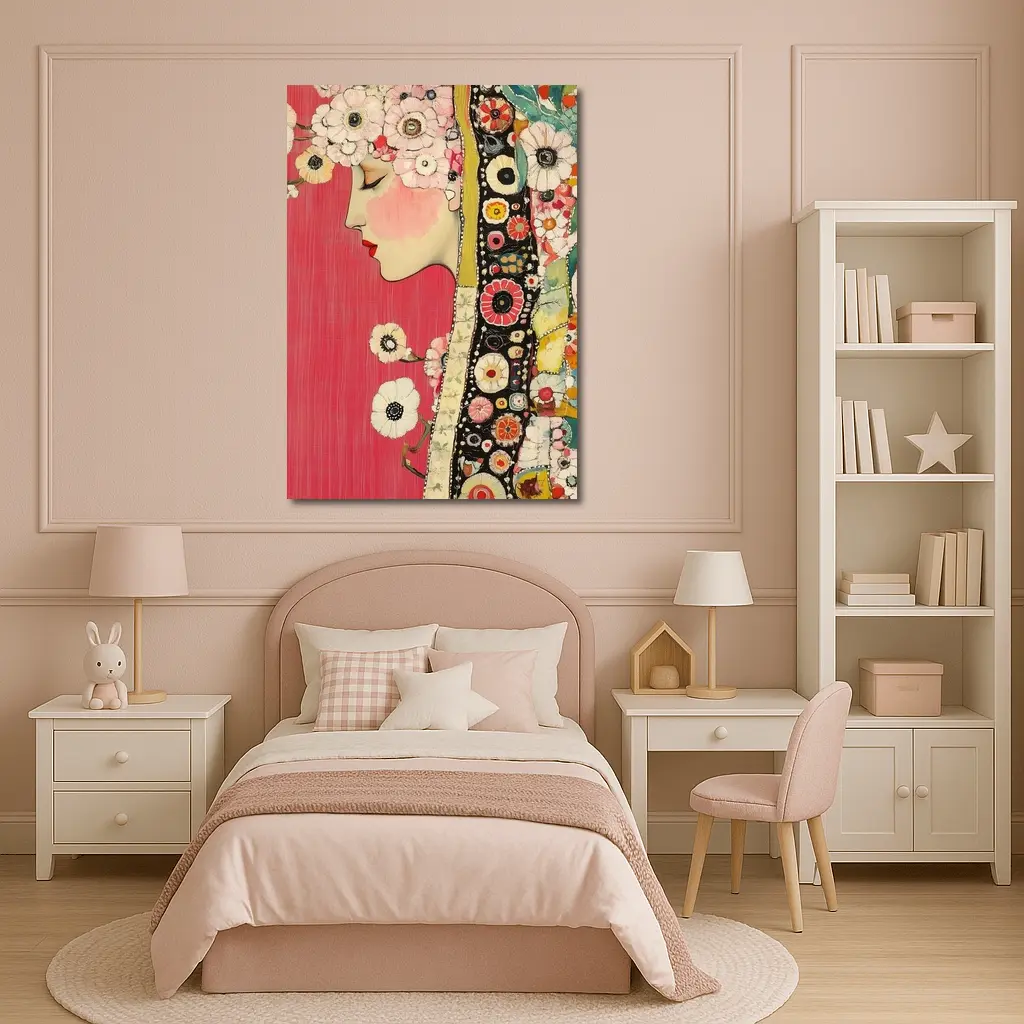 Floral Woman Profile Portrait Pink Background Art – Wall Art