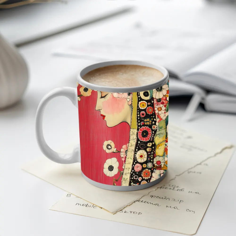 Floral Woman Profile Portrait Pink Background Art – Mugs